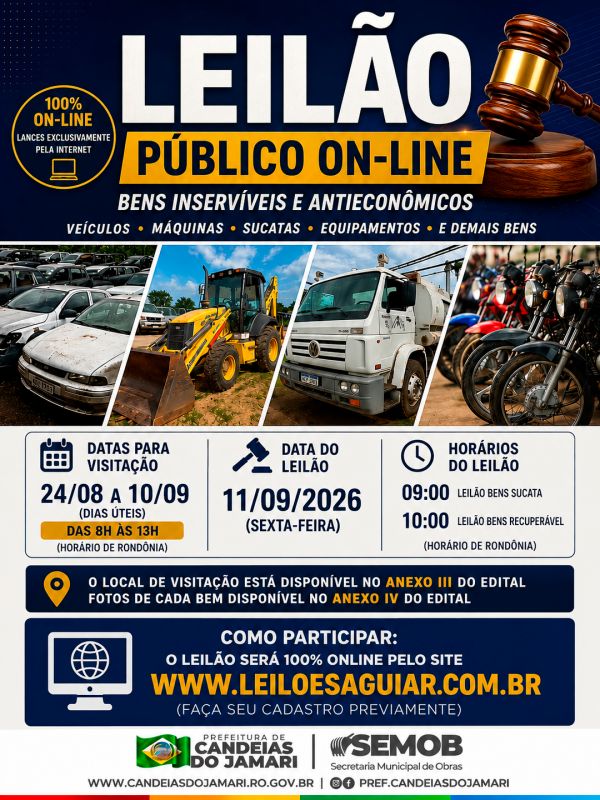 Prefeitura de Candeias do Jamari realiza leil&atilde;o online de bens e equipamentos inserv&iacute;veis