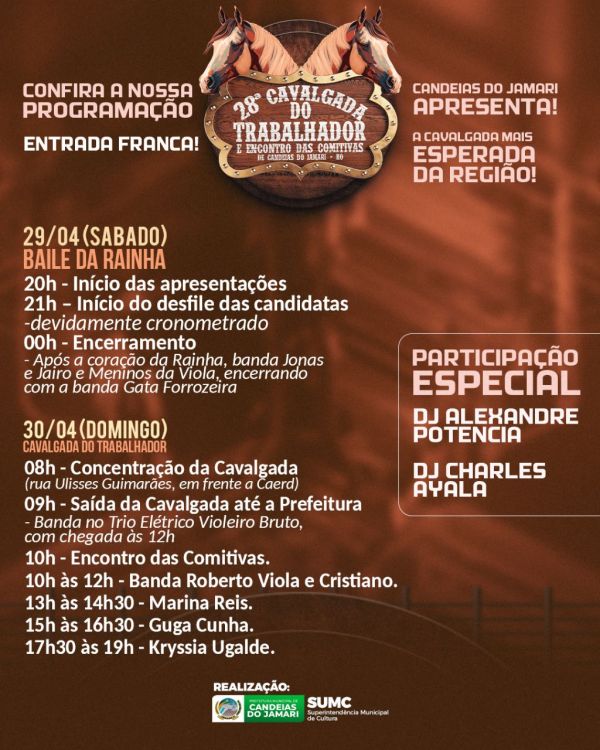 Candeias do Jamari faz Festa do Trabalhador com escolha de rainha, shows musicais e cavalgada neste