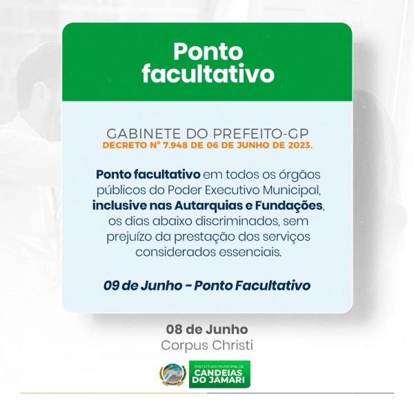 Prefeitura segue Governo do Estado e decreta ponto facultativo na sexta-feira, 09