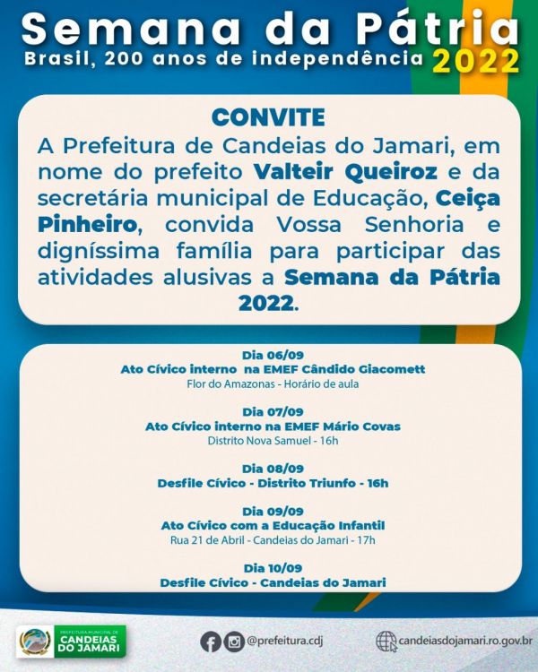 Prefeitura Municipal divulga a programação da Semana da Pátria 2022