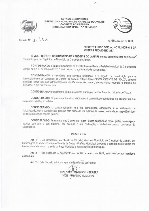 PREFEITURA DECRETA 03 DIAS DE LUTO OFICIAL